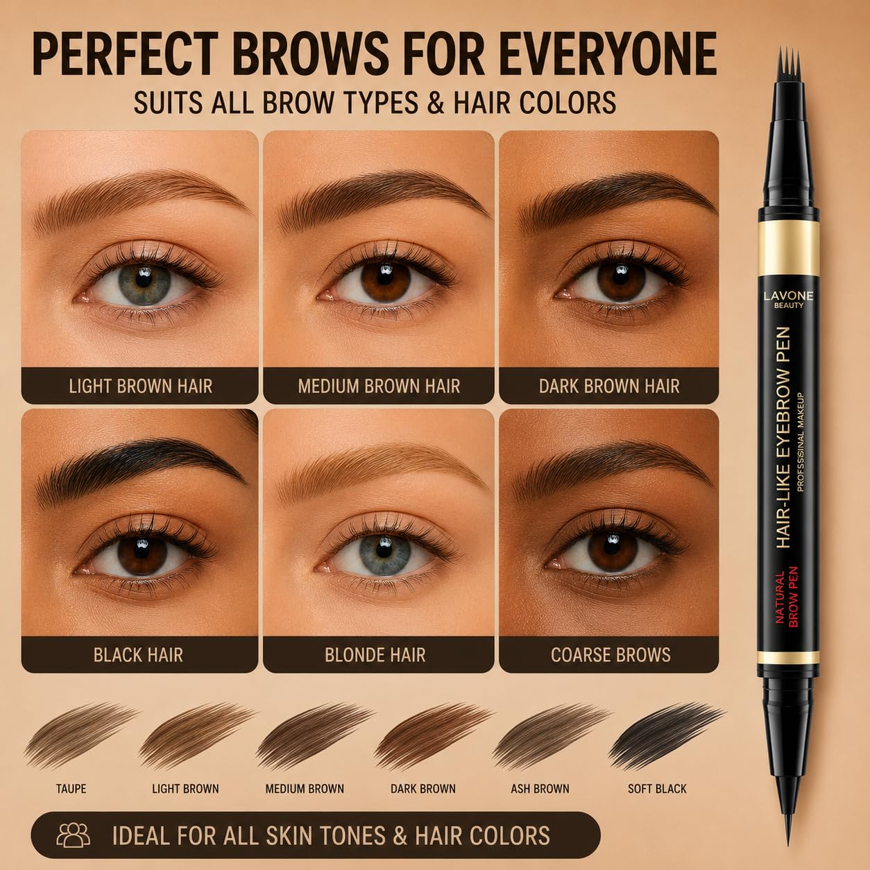 LAVONE Eyebrow Makeup Kit, Waterproof Eyebrow Pen, Brow Wax and Eyeliner Set with Dual-Ended Brow Brush for Naturally Fuller Brows, Smudge-Proof (Dark Brown)