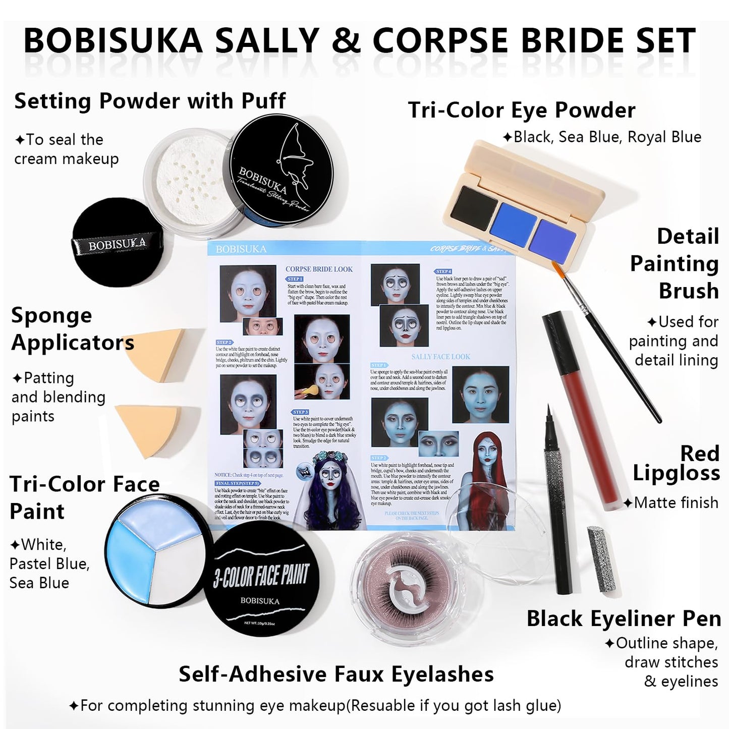 Halloween Sally Makeup & Corpse Bride Makeup Kit, Sally Costume Corpse Bride Make Up SFX Set with Light Blue Face Paint, Black Eyeliner, Lipstick & Faux Eyelash for Sally Face Cosplay & Dress-Up Party