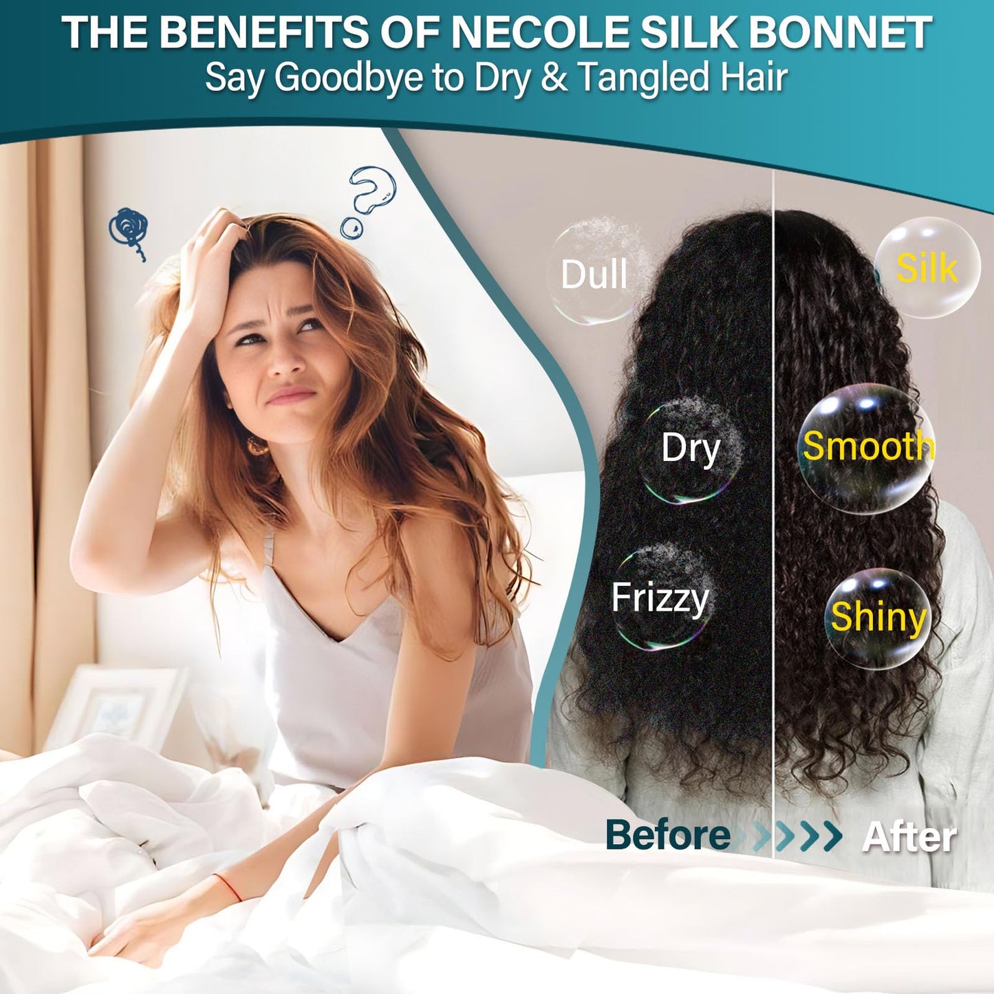 Necole Silk Bonnet for Women 100% Mulberry Silk Sleep Cap 22 Momme Double Layer Hair Wrap for Curly Short Long Hair, Non-Slip Turban with Elastic Tie, Blue