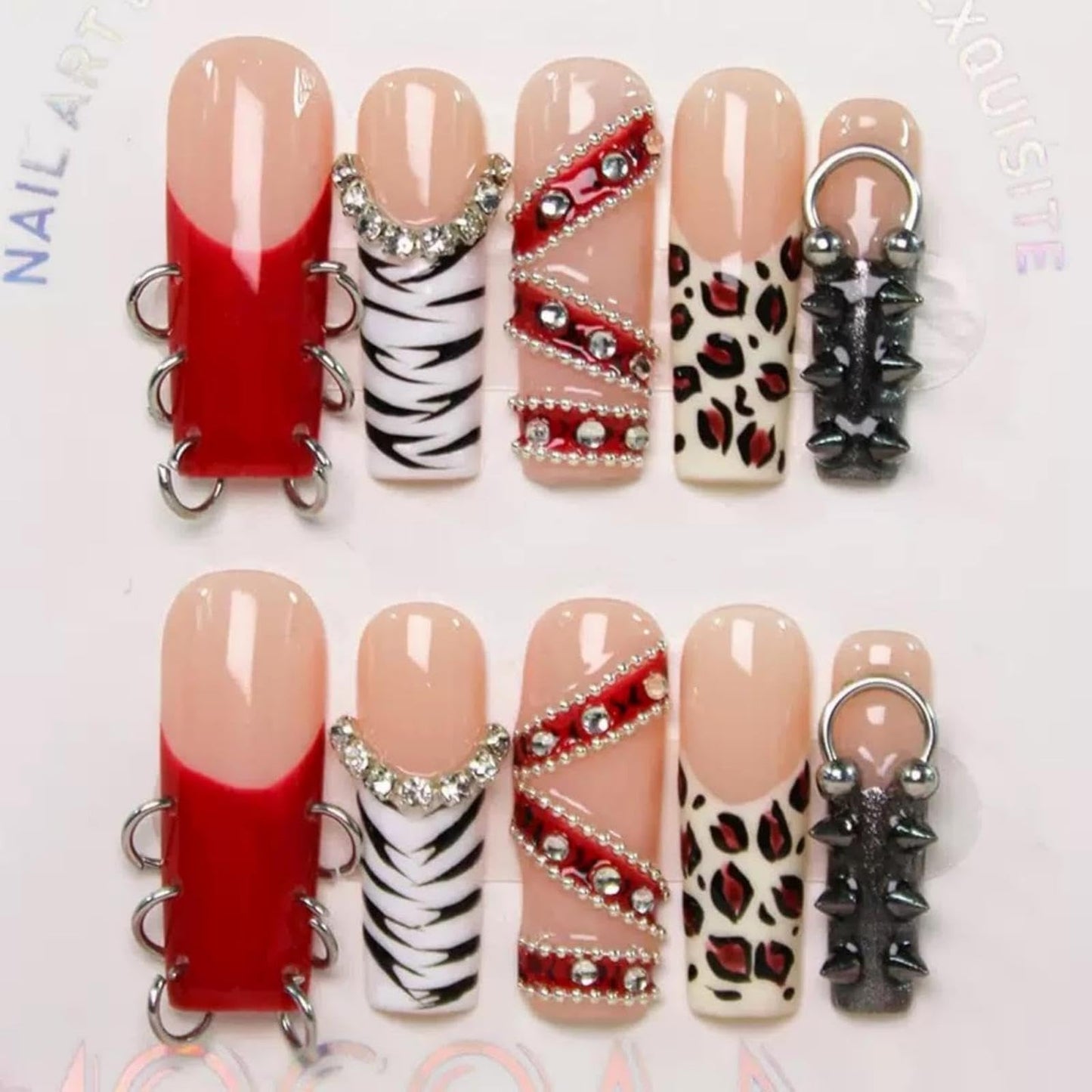 100% 5D Handmade Press on Nails with Charms Long Square Nail Press ons- Red French Tips False Nails Rhinestone Brown Leopard Fall Press on Nails for Women Girls Daily Wear DIY Manicure Size L