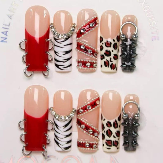 100% 5D Handmade Press on Nails with Charms Long Square Nail Press ons- Red French Tips False Nails Rhinestone Brown Leopard Fall Press on Nails for Women Girls Daily Wear DIY Manicure Size L