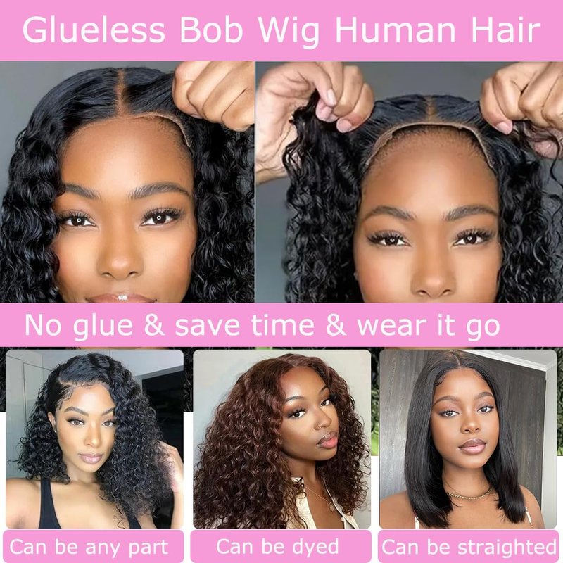 Curly Bob Wig - 12 Inch Human Hair Water Wave | Glueless 4x4 Lace Closure, Pre Plucked, Short Bob for Beginners