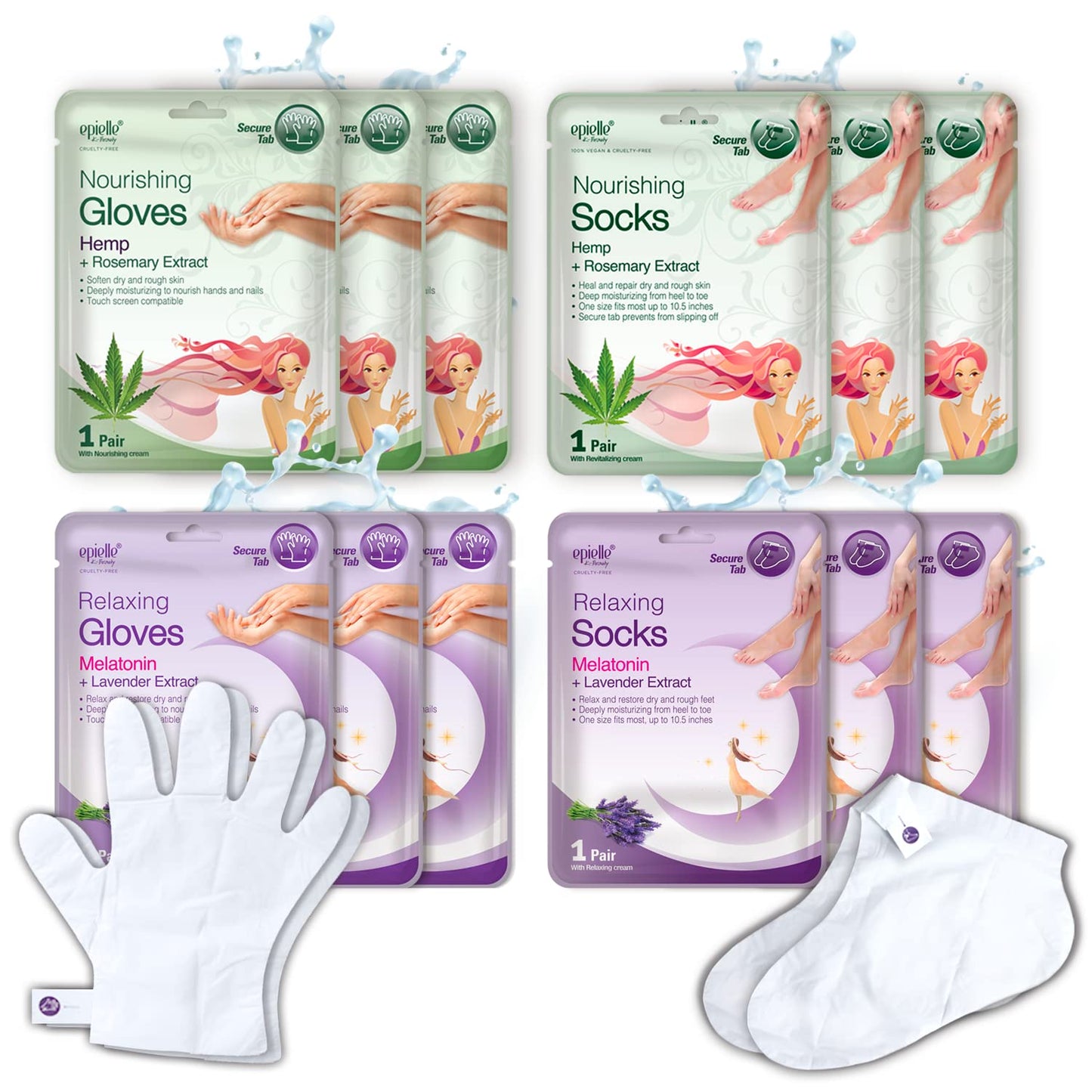 Epielle Relaxing & Nourishing Hand & Foot Masks, Soften Dry, Overworked Skin, Self Care Gifts for Women, Spa Kit, 6 Moisturizing Gloves & 6 Moisturizing Socks