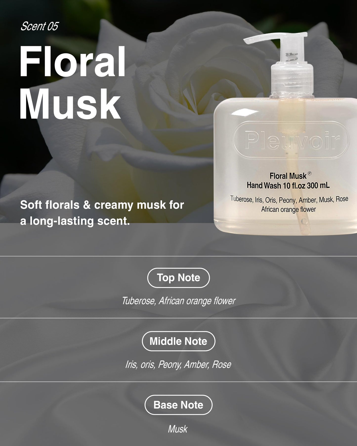 Pleuvoir Hand Wash Floral Musk - Hydrating Liquid Hand Soap - Creamy Musk Wildflower Garden Scent - Moisturizing with Hyaluronic Acid, Ceramides - Vegan, K-Beauty 10 fl.oz