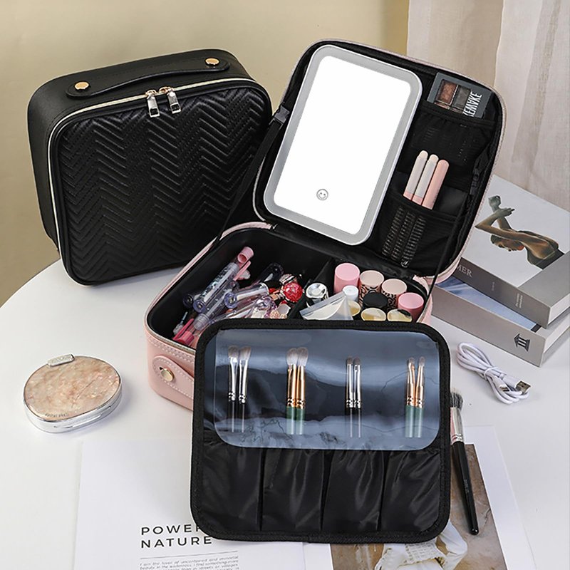 Linsiter Professional Makeup bag with Mirror and Light, Cosmetic Train Cases Waterproof PU Leather, Large Capacity, Pink