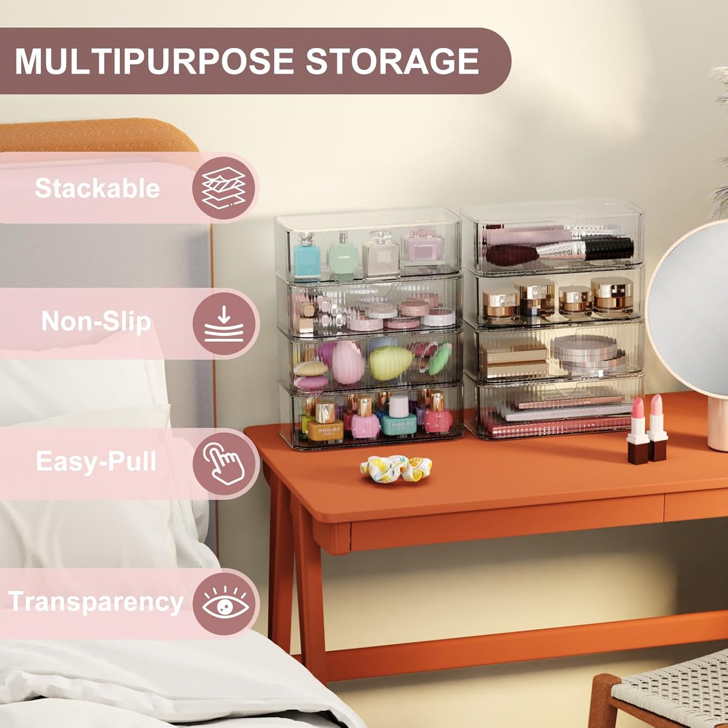Clear Stackable Storage Drawers - 8-Pack Multi-Purpose Organizers with Non-Slip Silicone Feet | Transparent Acrylic Bins for Vanity, Office, Bathroom, Pantry