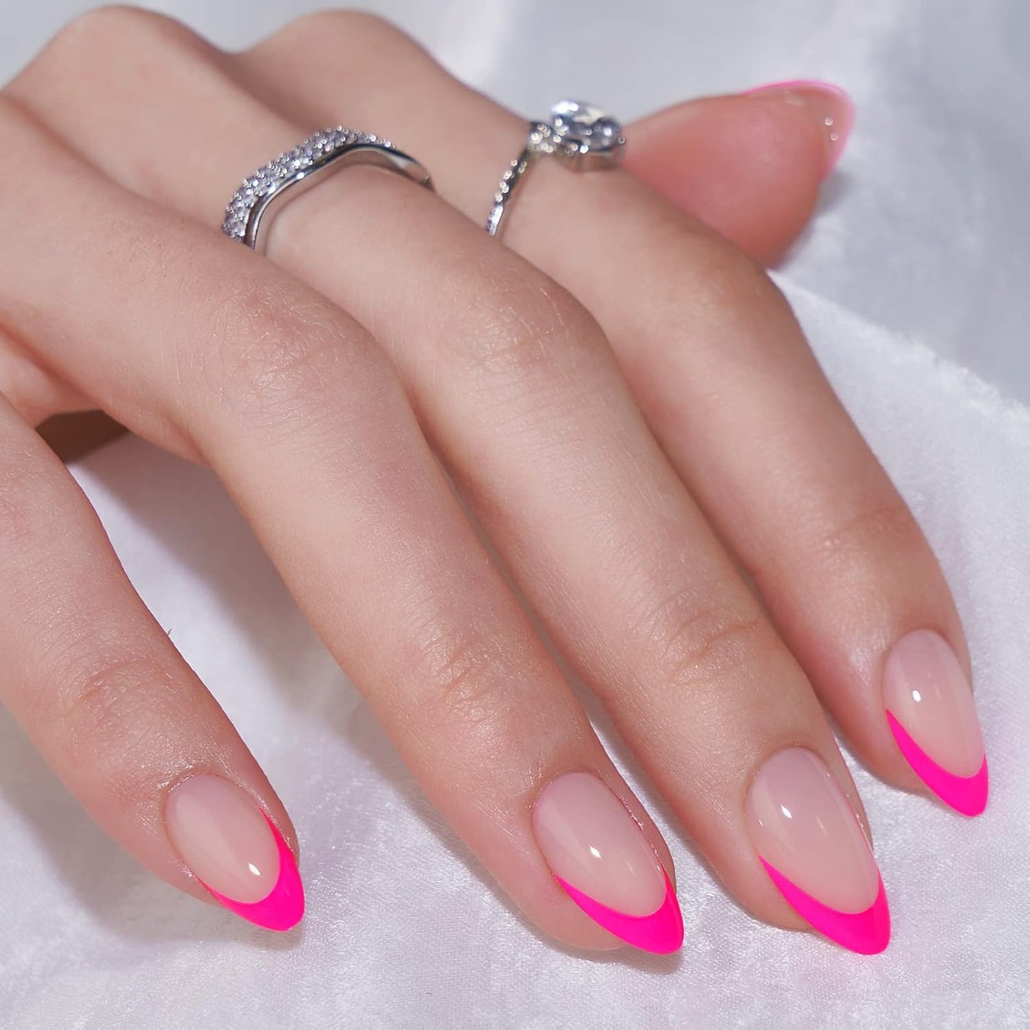 French Tip Press On Nails - Almond Shape Stick On Nails for Women | Berry French & Dazzling Pink Colors