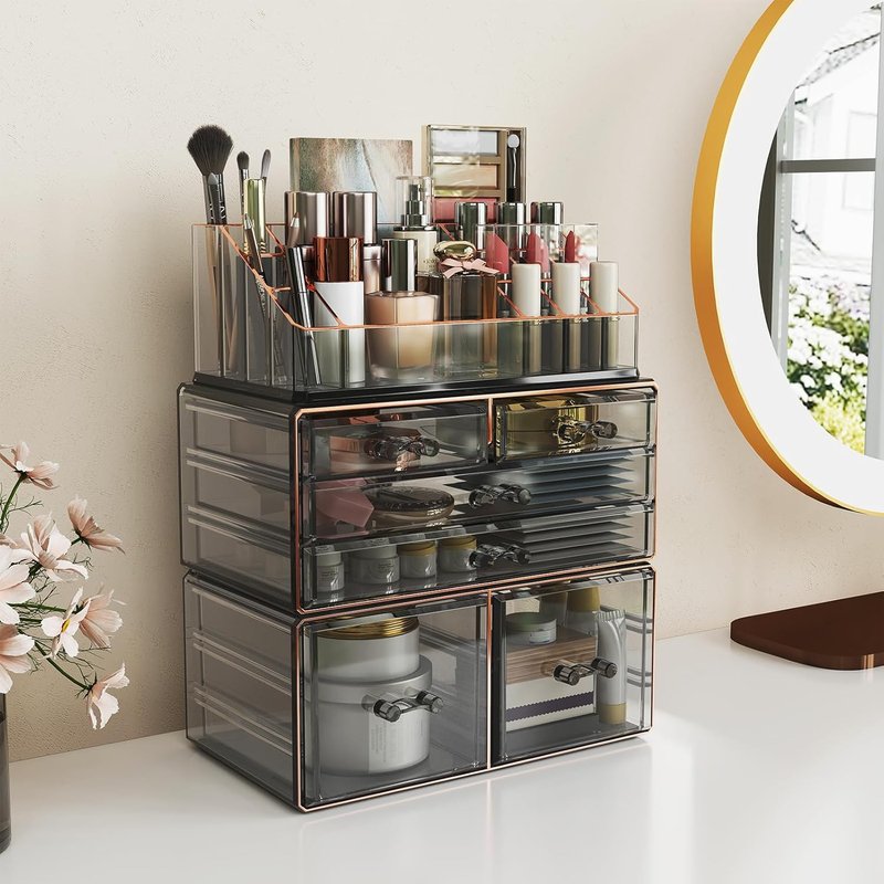 3-Tier 6-Drawer Makeup Organizer - Countertop Cosmetic Storage for Dresser & Vanity | Black with Gilded Borders