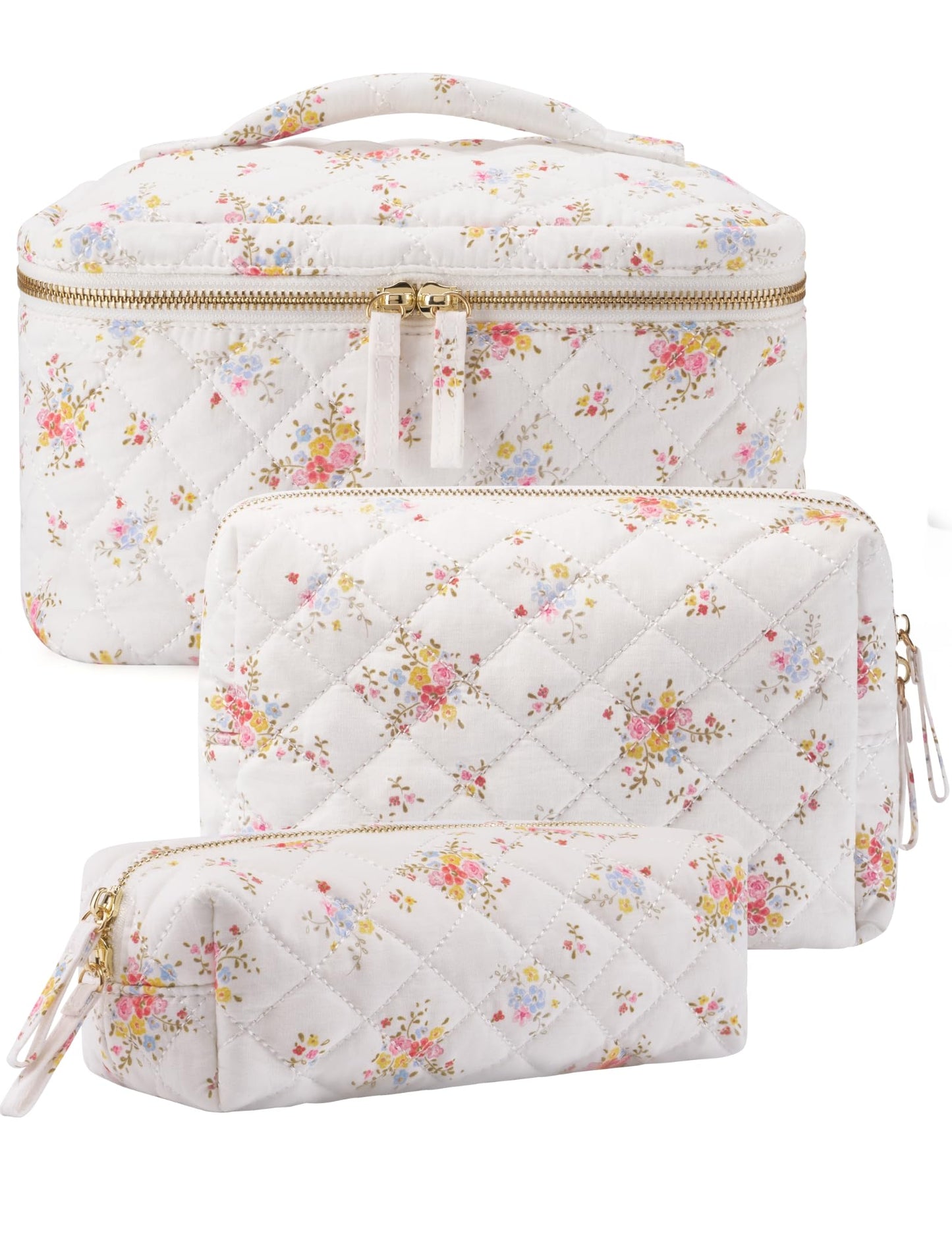 Popvibe Floral Quilted Makeup Bag Set of 3 Piece, Cute Travel Makeup Bags Coquette White Flower Cosmetic Pouch, Aesthetic Cotton Quilt Cloth Toiletry Traveling Bag for Women, Girls