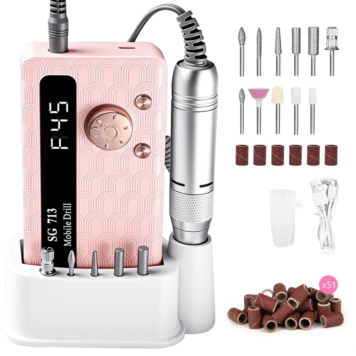 Electric Nail Drill - 45000RPM Portable Nail Drill丨Rechargeable Nail E-File Kit with 11 Bits & Base丨LED Screen丨Ultra-Silent, Rechargeable Nail Drills Machine for Acrylic Nails Gel Polishing(White)