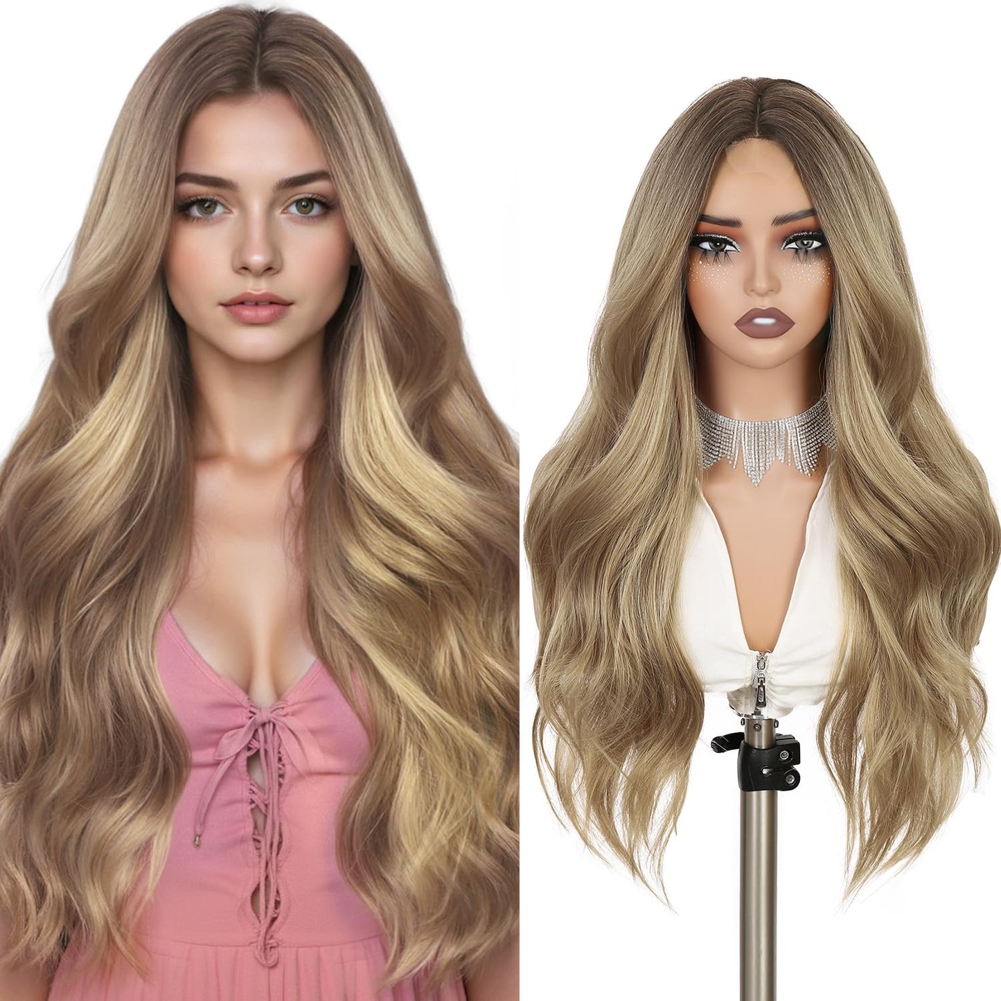 quickwig Ombre Blonde Wig Realistic HD Lace Scalp Long Curly Wavy Wigs for Women Blonde Synthetic Layered Wave Wig Long Wavy Middle Part Curly Wigs Heat Resistant Fiber for Daily Cosplay Halloween