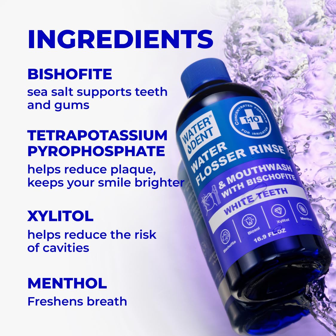 WATER DENT Water Flosser Rinse, Solution, Additive & Mouthwash for Teeth Whitening – Compatible with Waterpik & All Oral Irrigators, Concentrated, Gentle Peroxide, Alcohol Free, Mint, 16.9 fl oz