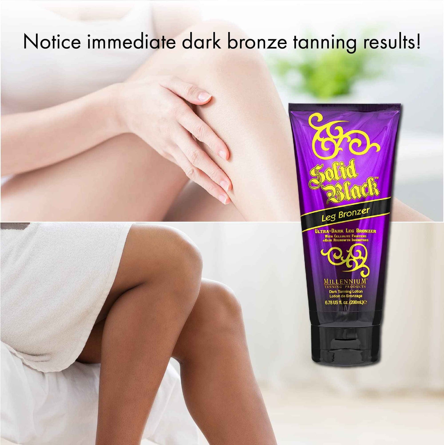 Millennium Tanning Solid Black Leg Bronzer – Ultra Dark Tanning Lotion with Aloe Vera, Cellulite Fighters & Hair Growth Inhibitors (6.78 oz)