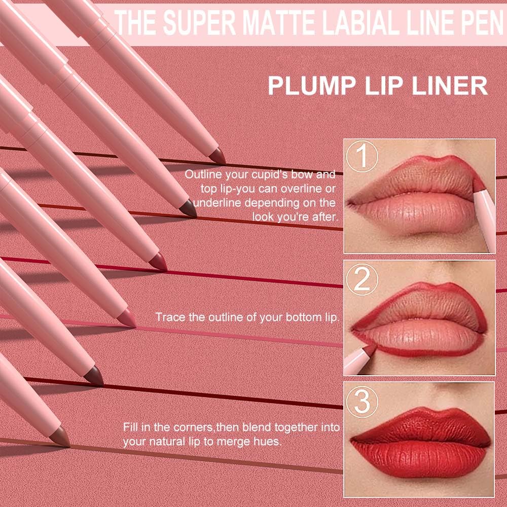 **12Pcs Retractable Lip Liner Pencils Set - Creamy Matte Velvet Colors for Plump Lips | Mauve, Maroon, Red, Nude, Brown**