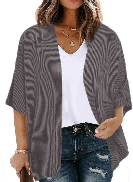 Eytino Women Plus Size Cardigan 2025 Summer Half Sleeve Ribbed Knit Beach Cover Up Tops,4X Dark Grey