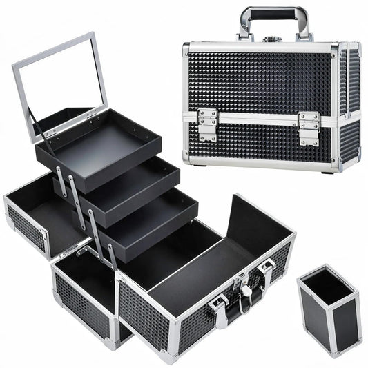 Joligrace Makeup Train Case Cosmetic Box 11.6 Inch Jewelry Organizer Professional 3 Tiers Trays with Mirror and Brush Holder Lockable Key Portable Travel - Rose Gold