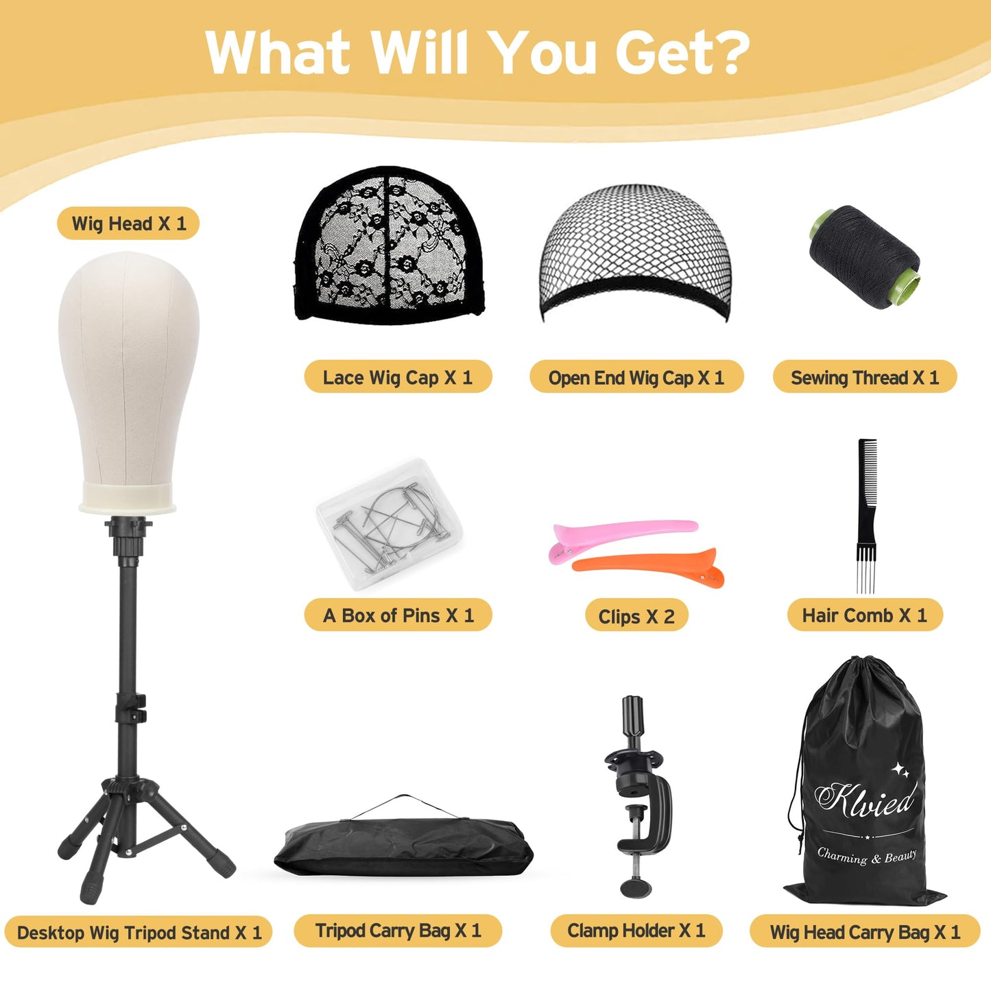 Klvied Desktop Wig Stand Set with 22 Inch Cork Canvas Head, Adjustable 15.4-22.4 Inch Stand, Table Clamp Wig Holder for Wig Display, Trimming and Styling Practice