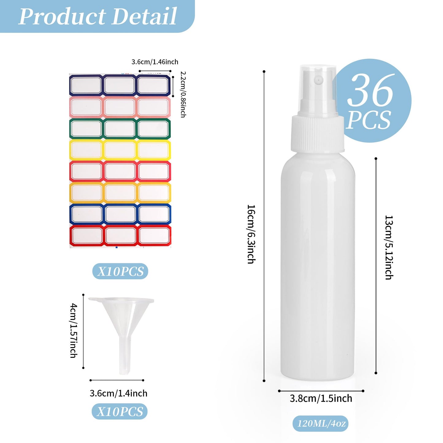 YEUIKERR 36 Pack White Small Spray Bottles 4 oz/120 ml Plastic Spray Bottles, Fine Mist Empty Small Travel Spray Bottle, Refillable Mini Sprayer Empty Bottle Bulk with Funnels and Labels