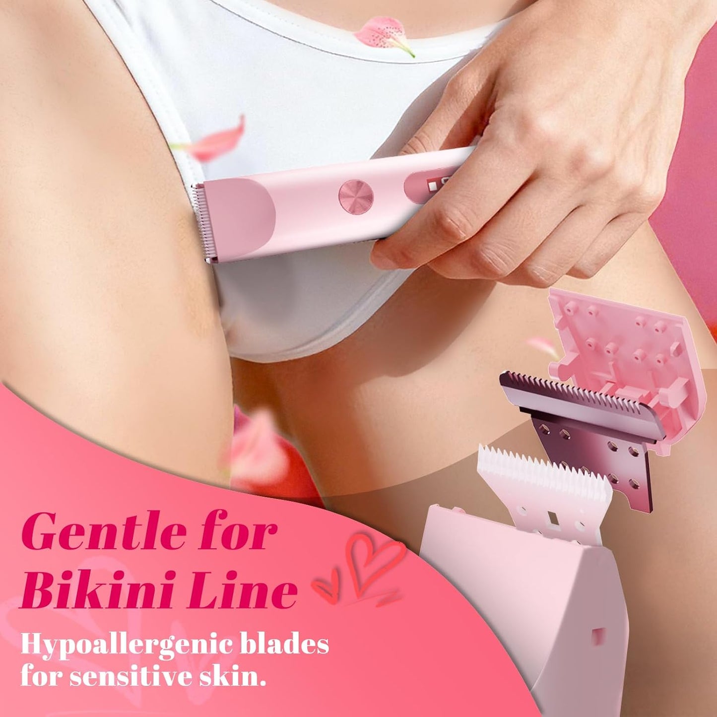 Bikini Trimmer for Women - Waterproof Electric Razor for Sensitive Areas | USB-C Rechargeable, Petal Pink with LED