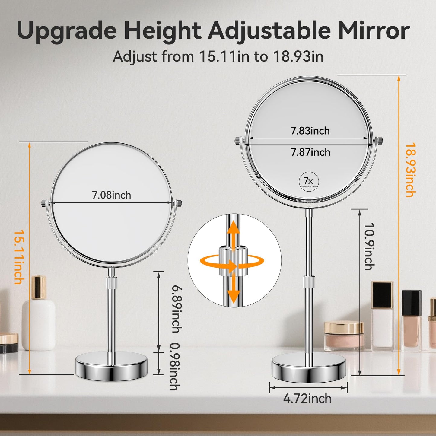 Nicesail Makeup Mirror Tabletop 8 Inch Double-Sided with 7X Magnification, Magnifying Mirror with Pedestal for Shaving Mirror, Height Adjustable for Make up Vainity Table, Chrome Finish (8 Inch, 7X)
