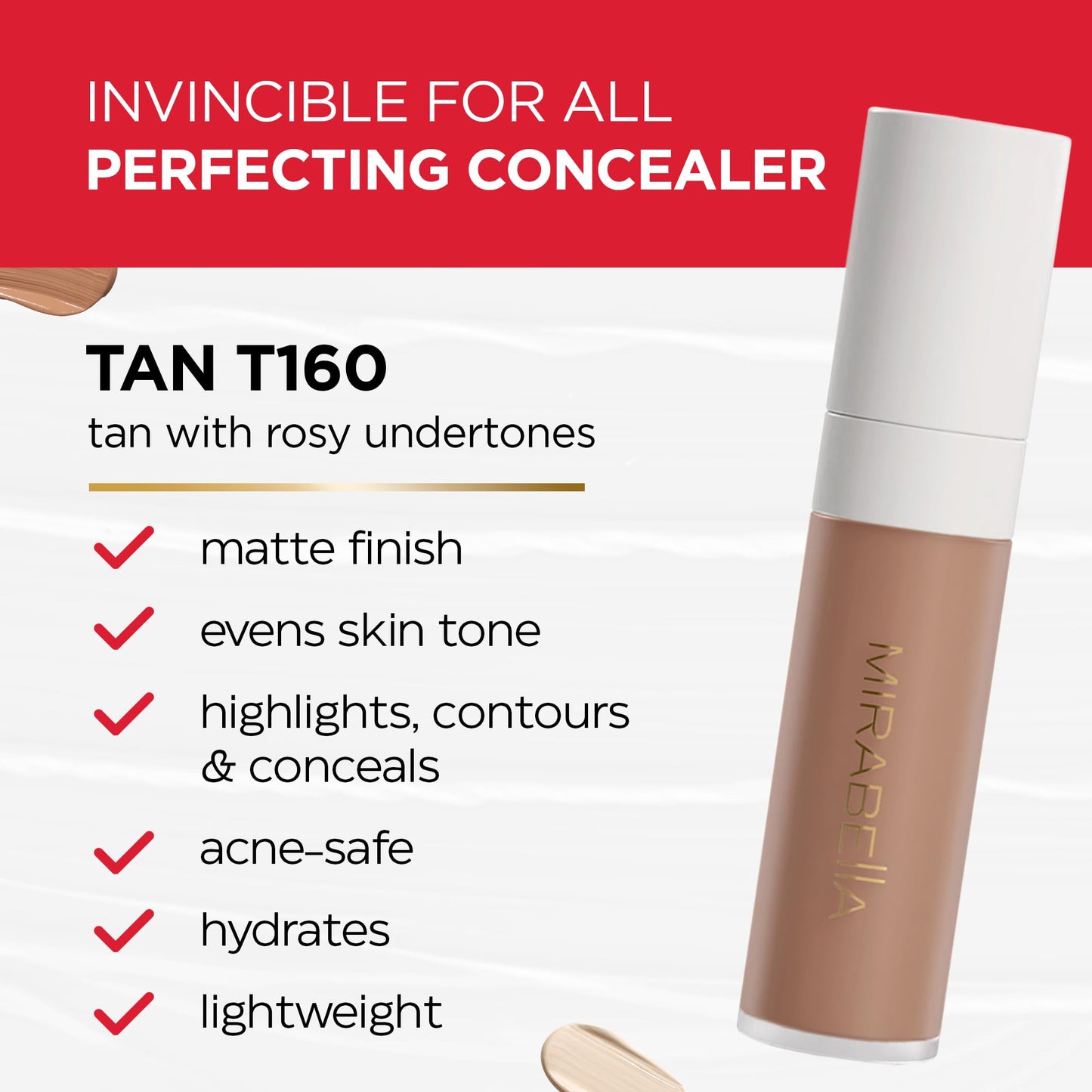 Mirabella Invincible For All Perfecting Under Eye Concealer Full Coverage - Hydrating Makeup Concealer for Dark Circles, Fine Lines & Wrinkles w/Hyaluronic Acid - Tan T160