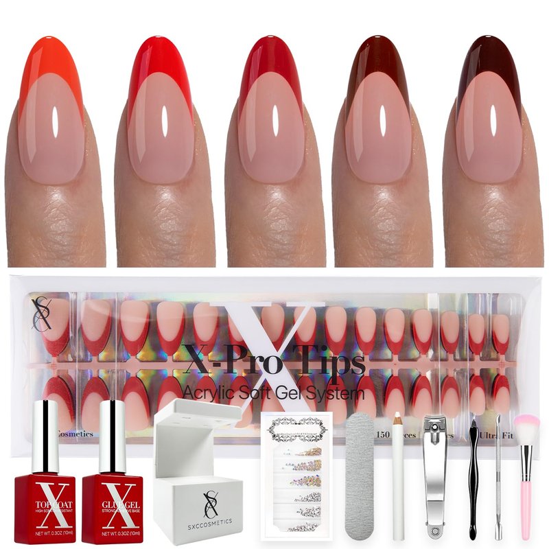 French Tip Press On Nails - Red Series Medium Almond Fake Nails | 150PCS, 15 Sizes, 5 Styles, Beginner-Friendly