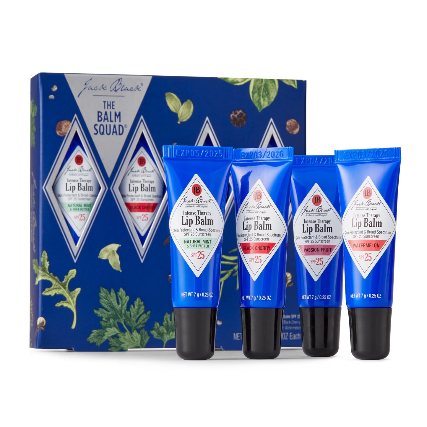 Jack Black The Balm Squad Gift Set for Men & Women – Natural Mint & Shea Butter Lip Balm & Limited-Edition Black Cherry, Passion Fruit & Watermelon – Lip Moisturizer, Hydrating Lip Balm with SPF