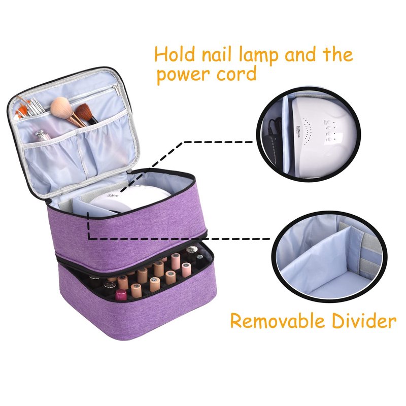 Nail Polish Organizer - Double-Layer Storage for 30 Bottles & Lamp | Portable Purple Travel Case with Handle