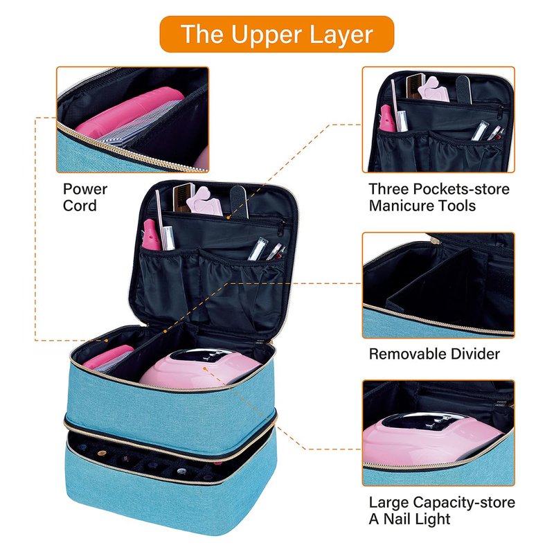 UOZL Nail Polish Organizer, Handheld Double Layer Organizer Holds 30 Bottles (15 ml/0.5 floz) with Adjustable Dividers for Nail Polish Small Manicure Lamp Manicure Tools and Travel,Light Green