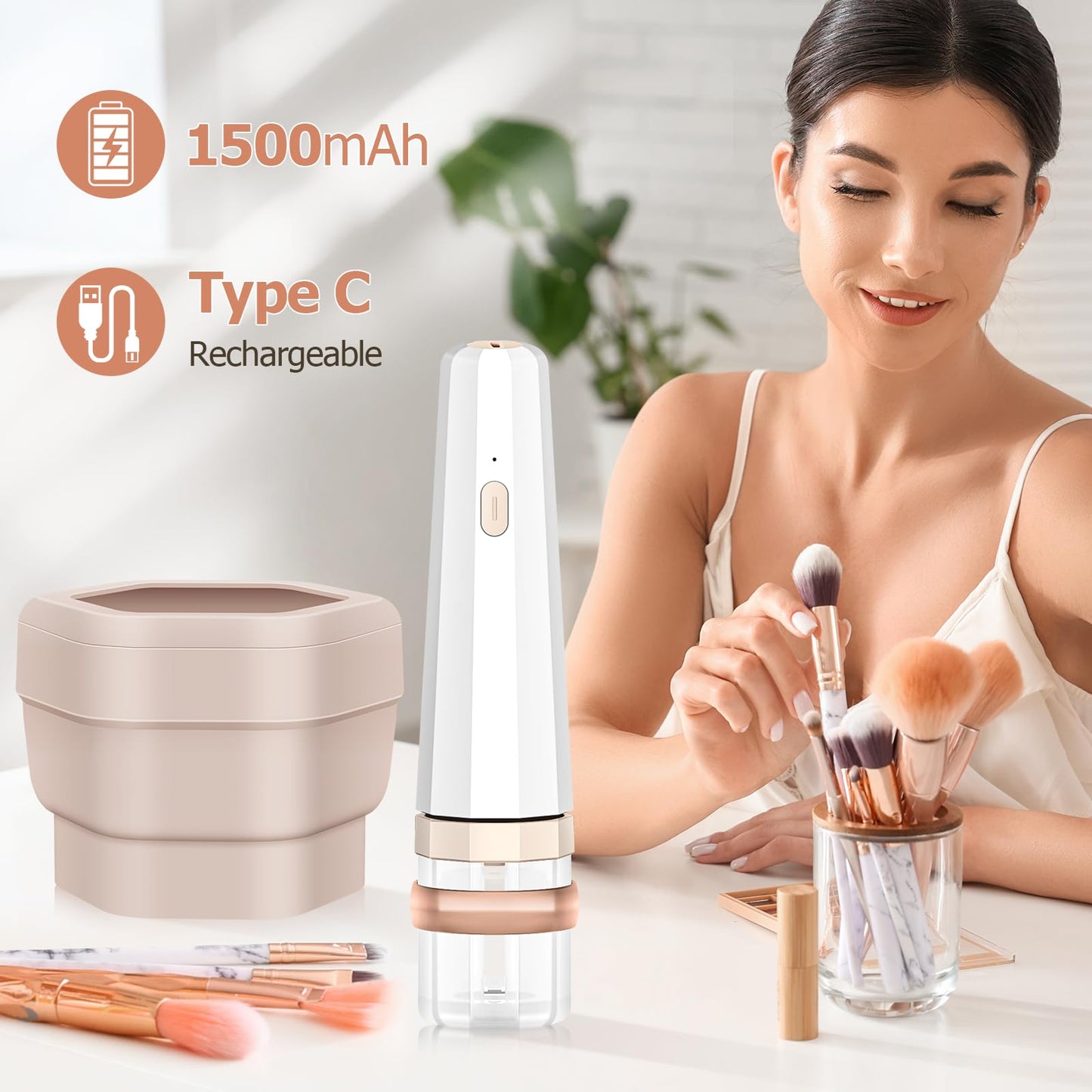 Portable Electric Makeup Brush Cleaner Machine with Foldable Silicone Cleaning Bowl - Quick 30-Second Deep Clean, Instant Drying, Compatible with Handle Diameters Under 0.86 Inches of Beauty Brushes