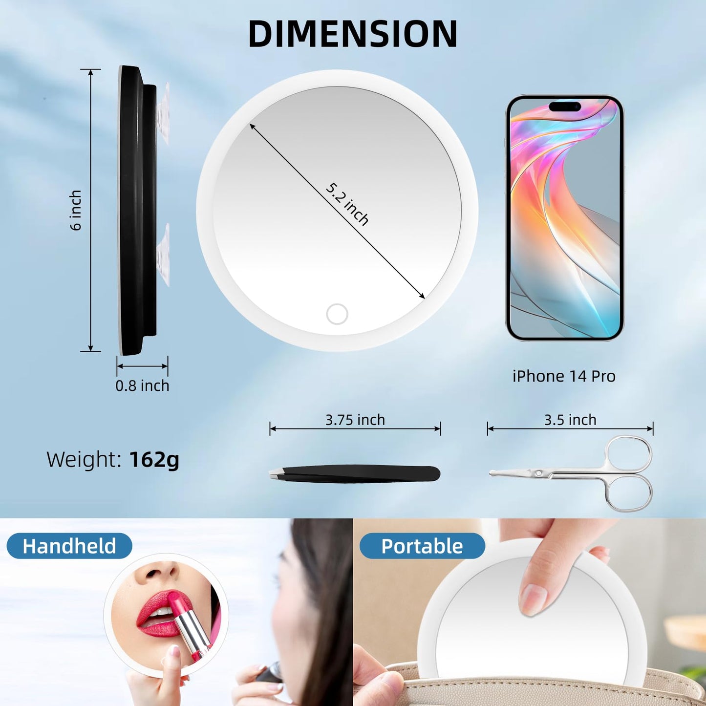 JJhxr 30X Magnifying Mirror with Lights, 30x Magnified Mirror with 3 Color Lights Adjustable Brightness, Rechargeable 6inch Travel Magnification with 3 Suction Cups - Includes Tweezers & Scissors