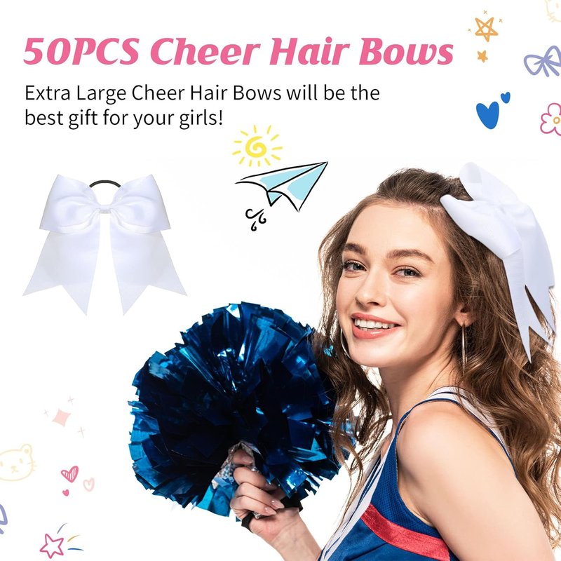 Cheer Hair Bows for Girls - 50 Pcs 8" White Large Cheerleading Bows with Elastic Ponytail Holders | Perfect for Sports Teams & Dance Accessories