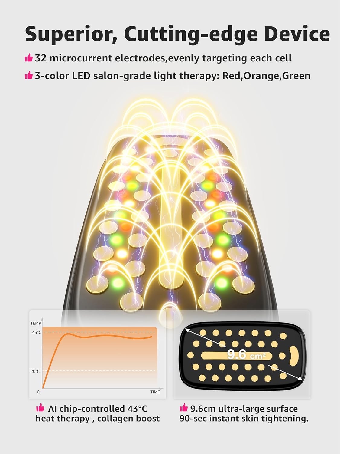 Microcurrent Facial Device - 3-in-1 Light Therapy for Lifting, Tightening & Skin Rejuvenation | Portable Anti-Aging Device (White)