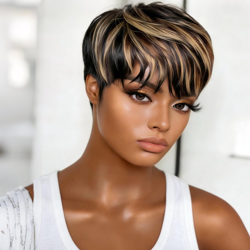 Short Layered Pixie Cut Wig Human Hair for Black Women Multicolor Brazilian Virgin Straight Human Hair Pixie Wigs with Bangs Glueless None Lace Front Full Machine Made Wigs Black and Blonde 1B27