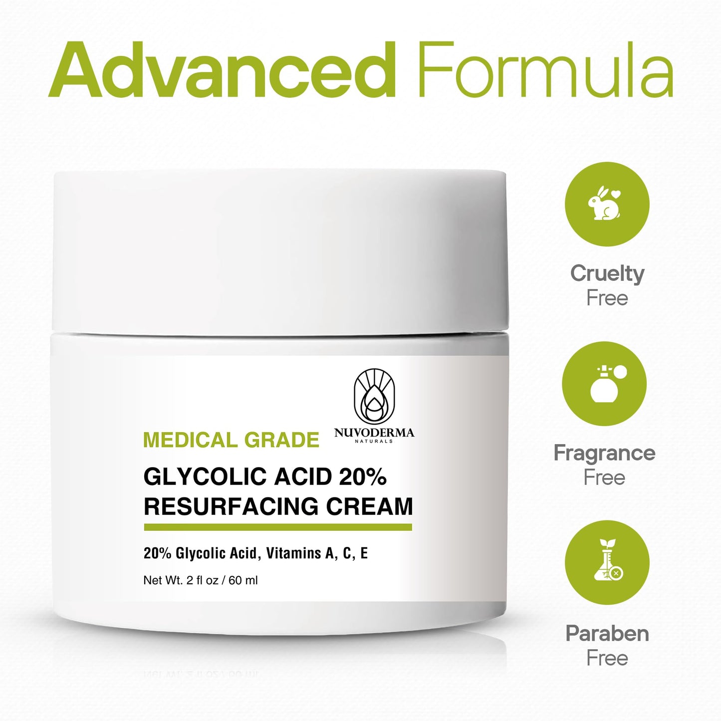 NUVODERMA Glycolic Acid Resurfacing Cream with Glycolic Acid 20%, Vitamins A, C & E – Anti-Wrinkle Face Moisturizer for Smooth Skin – Hydrating, Medical-Grade Exfoliator – 2 oz