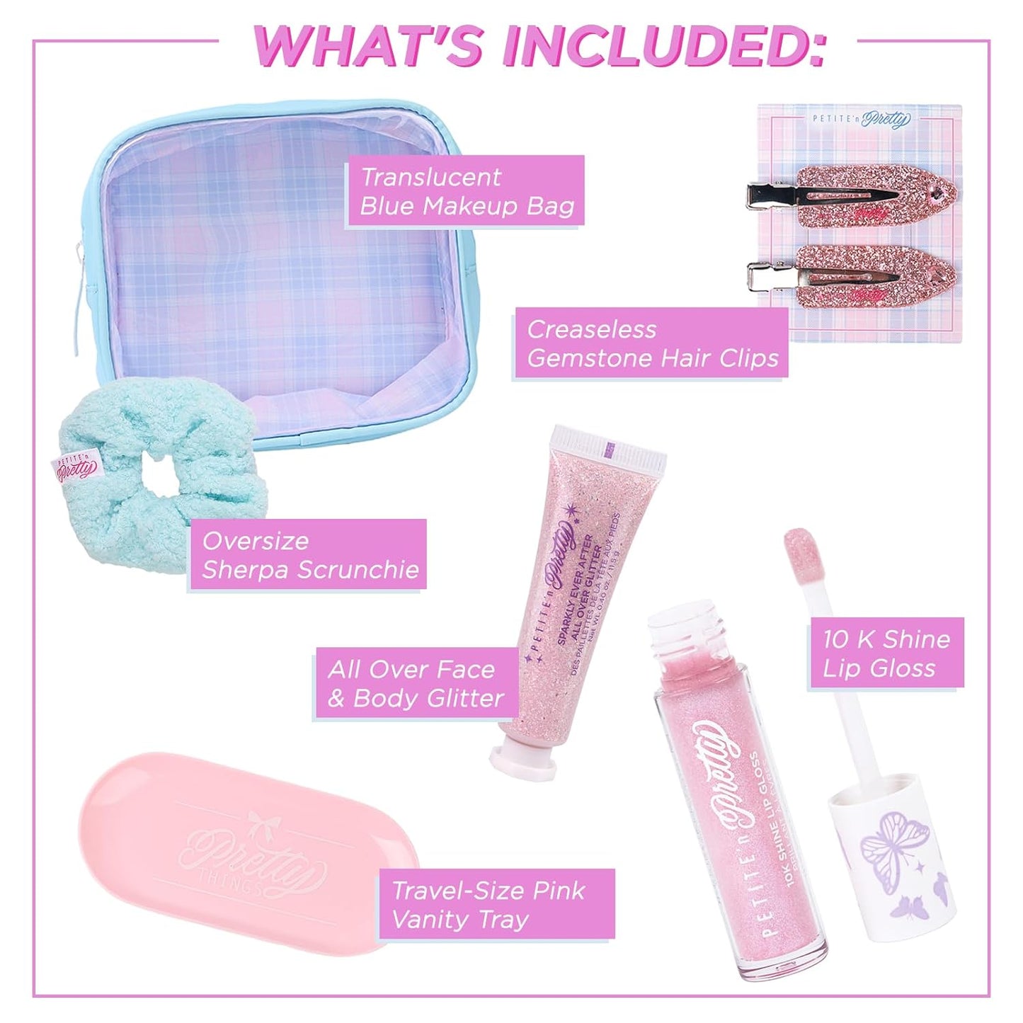 Get Ready with Me Essentials Set - Sparkly Glitter Makeup Tray, Scrunchie & Hair Accessories for Girls | Mini Size