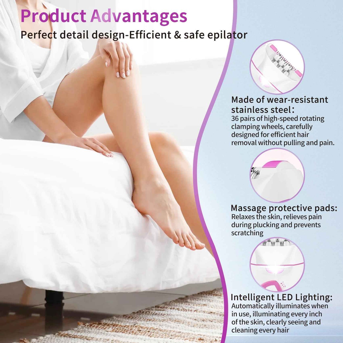 Epilator for Women, Smooth Glide Facial Hair Remover with 2 Speed & LED Light, Rechargeable Cordless Electric Epilator for Face, Bikini, Underarms, Arms, and Legs, Painless & Portable