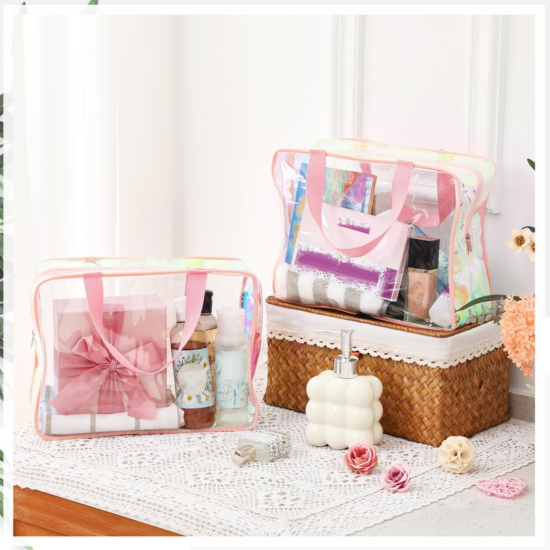 Sweetude 10 Pcs Large Clear Toiletry Bag with Handle Large Capacity Travel Iridescent Beach Makeup Bag PVC Clear Plastic Tote Punch Cosmetic Clothes Storage Organizer for Women Men (Pink)