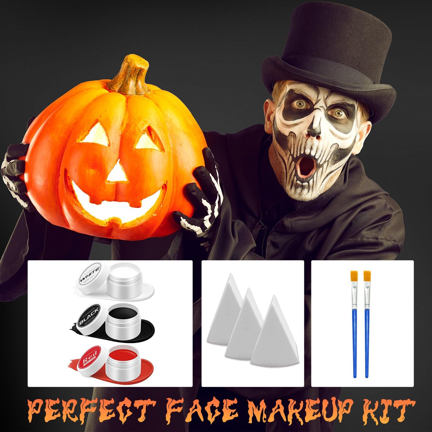 JUYANGYAN Red Black and White Face Body Paint Set, Highly Pigmented Clown Makeup Kit, Professional Face Paint for Halloween Skeleton Cosplay Joker Vampire Zombie Ghost SFX Makeup