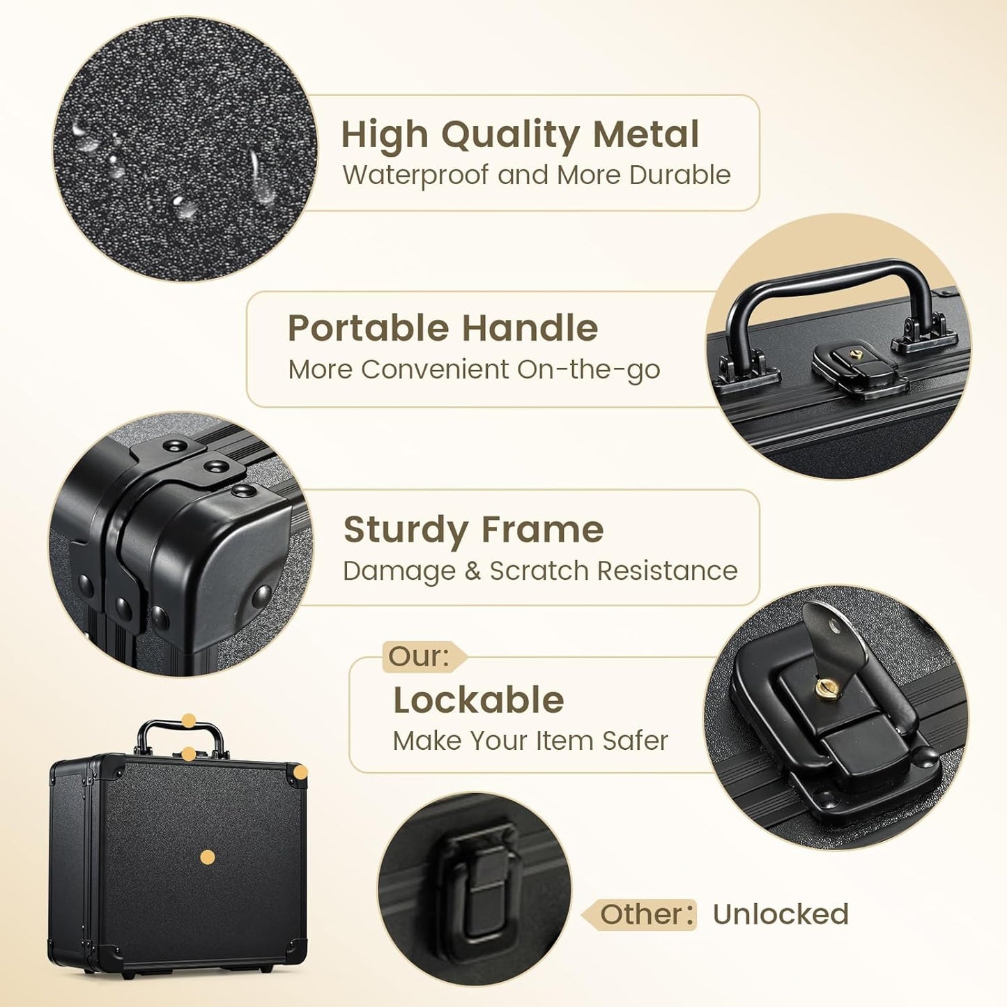 Makeup Organizer Case with Magnetic Lighted Mirror - Portable Vanity Box with LED Lighting, Lockable Keys & Dividers | Black