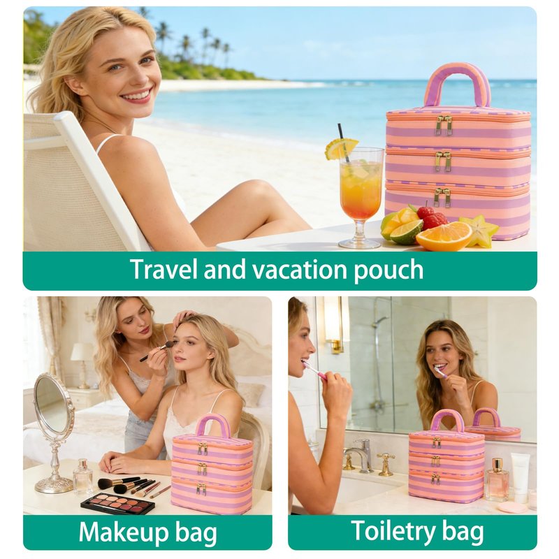 Apxouans Three Layer Makeup Bag for Women Fashion Stripes Cosmetic Bag Preppy Style Travel Water-Resistant Toiletry Bag for Storage Toiletries Cosmetics Sets for Women Teen Girls Purple