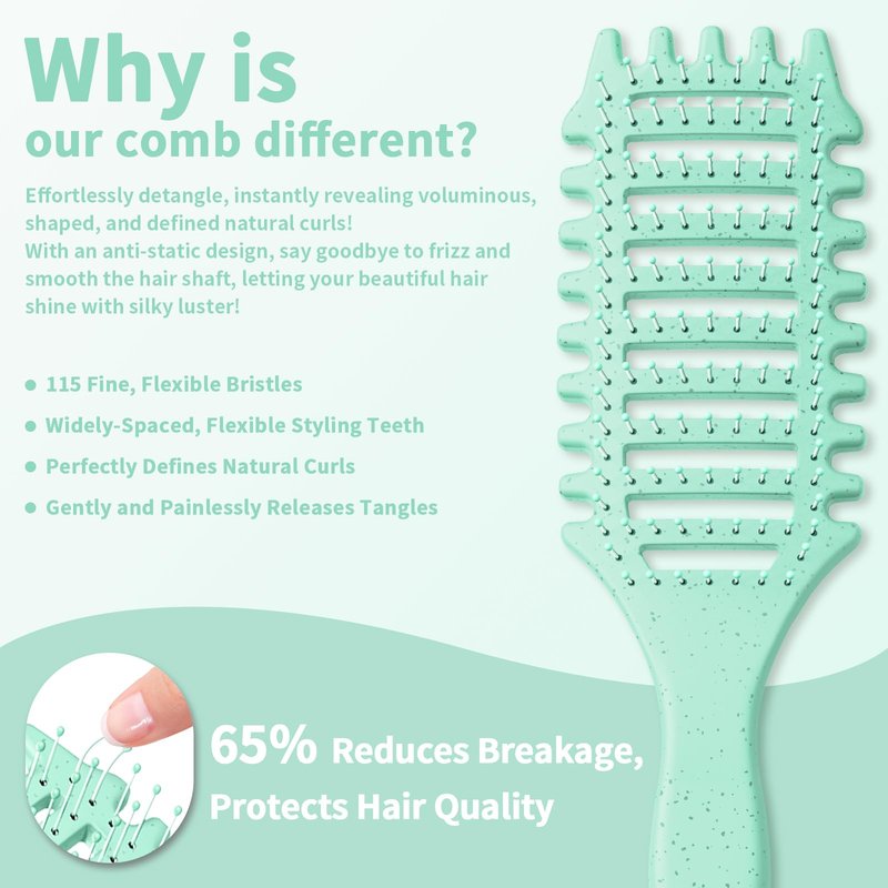 Curly Hair Brush for Women & Men, 4-in-1 Curl Defining & Detangling Brush – Anti-Frizz Anti-Static Styling Brushes with Crescent Shape & Ultra-Smooth Bristles, Wet Dry Hairbrush (Green)