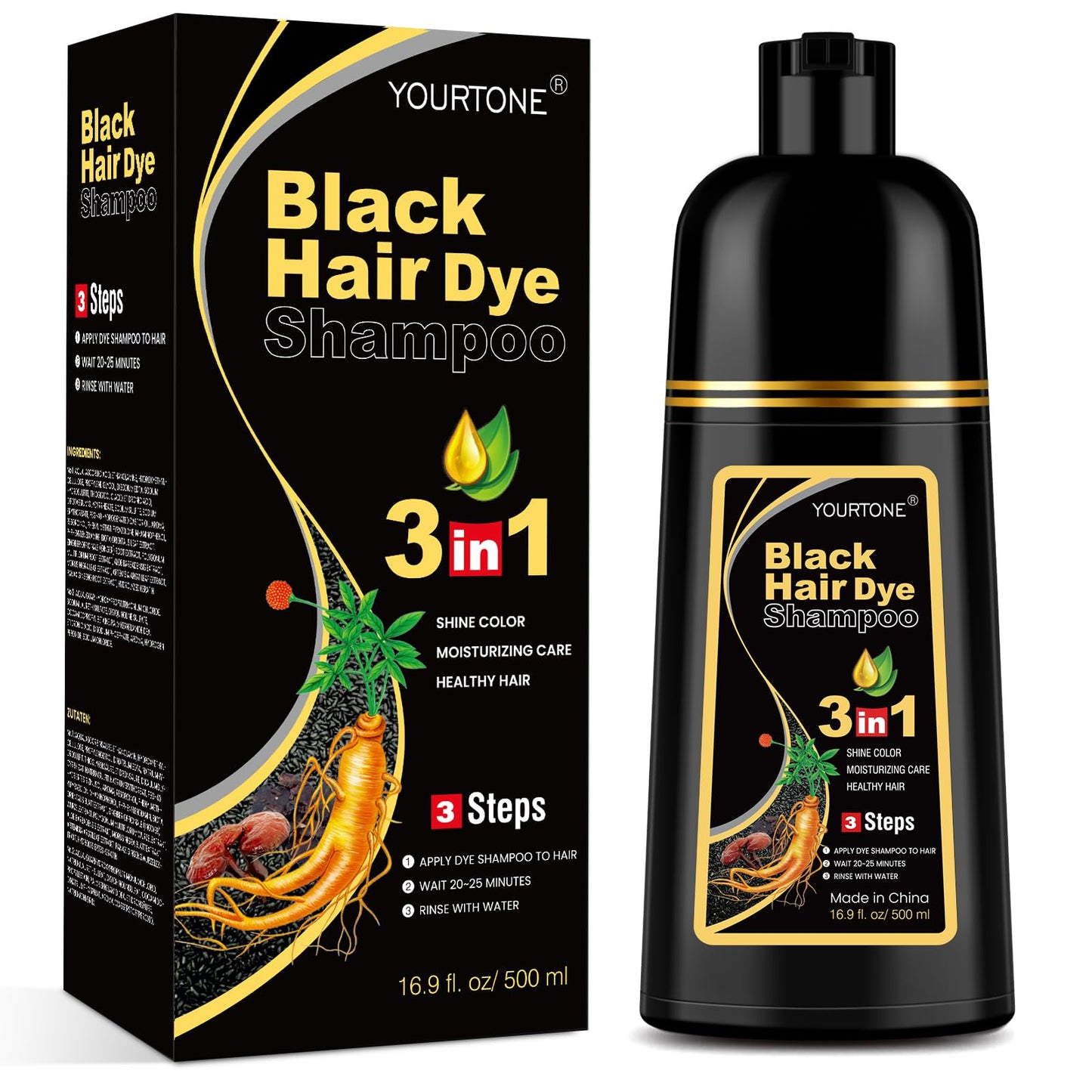 YOURTONE Black Hair Dye Shampoo 3 in 1 for Gray Hair Coverage, Hair Color Shampoo for Women Men, Herbal Ingredients Champu Para Pintar el Cabello (16.9 Oz)