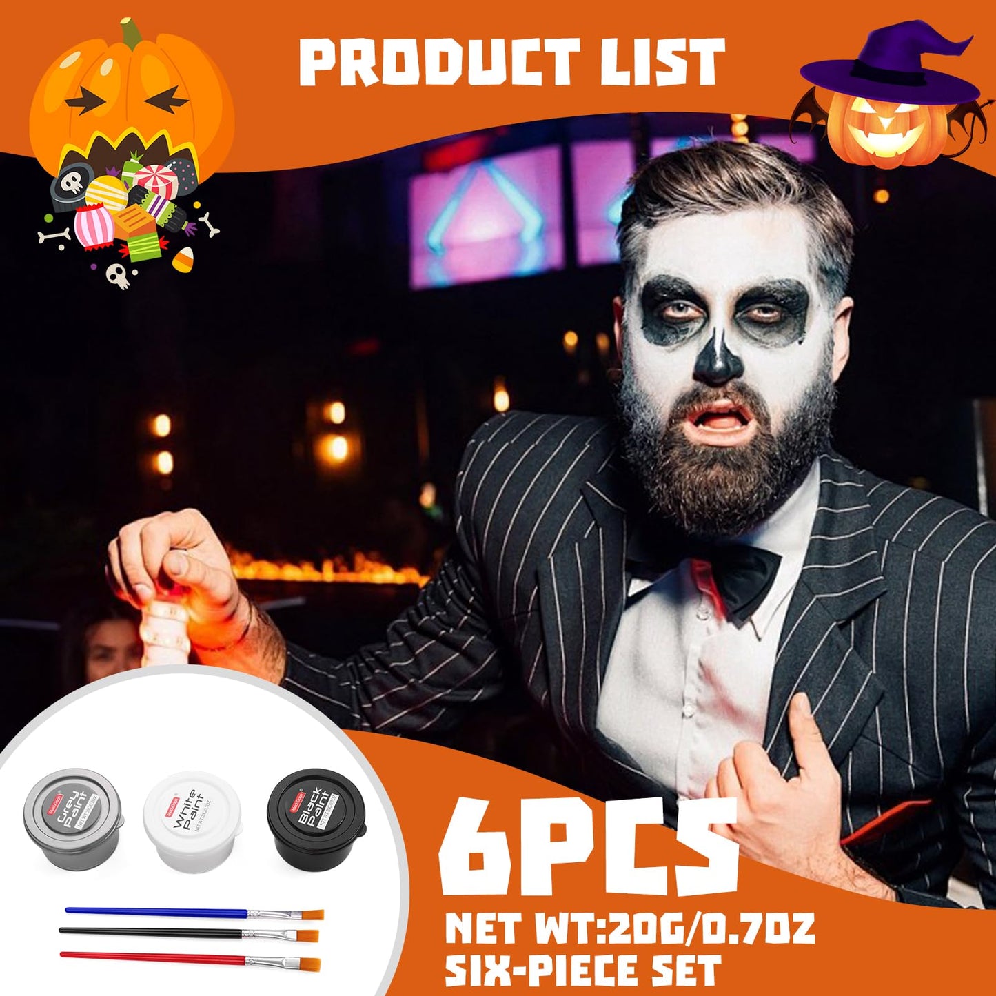 MeiduGaga White and Black Face Paint, Silver Face Paint Palette, Non-Toxic, Water-Based Body Paint for Halloween, Party, Cosplay
