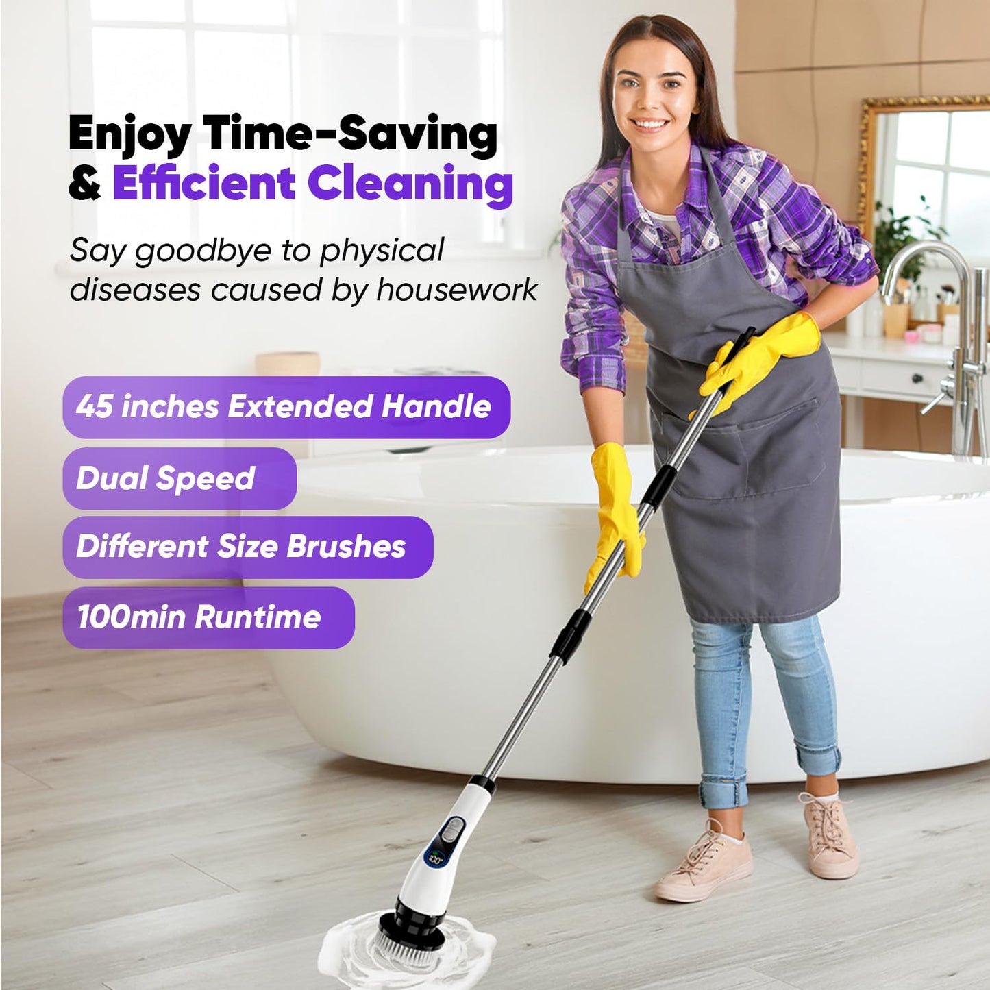 848 Store Electric Spin Scrubber Cordless – Powerful Bathroom Cleaning Brush with Long Handle, 2 Speeds, 3000mAh Rechargeable, 7 Brush Heads, Wall Hanger & Crevice Tools – Shower, Tub & Tile Cleaner