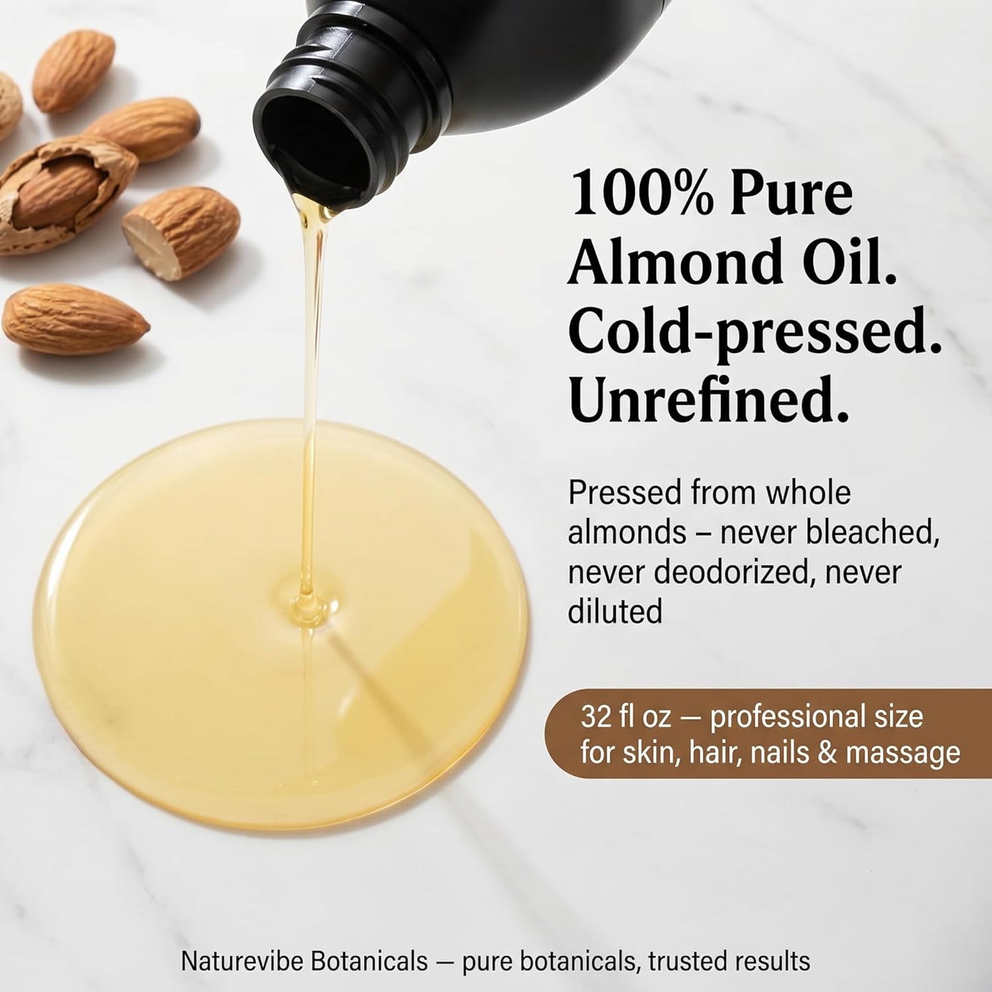 Sweet Almond Oil 32 Ounces - 100% Pure Cold Pressed Carrier Oil for Skin & Hair Care