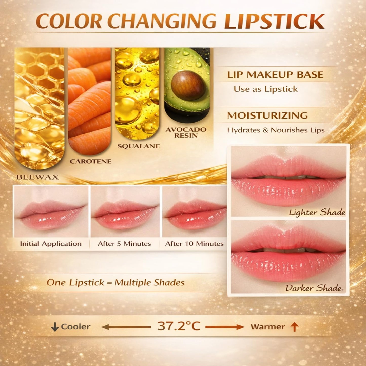 Color Changing Lipstick, Gold Crystal pH Color-Changing Lipstick 24HR Transferproof Lip Gloss,Moisturizing Tinted Lip Balm,Mother's Day & Birthday Gifts, Teacher Gifts for Women (2Count (Pack of 2))
