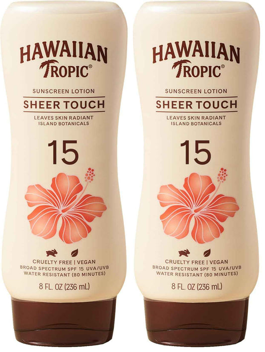 Hawaiian Tropic Sheer Touch Lotion Sunscreen SPF 15, 8oz | Hawaiian Tropic Sunscreen SPF 15, Sunblock, Broad Spectrum Sunscreen, Oxybenzone Free Sunscreen, Body Sunscreen SPF 15, 8oz (Pack of 2)