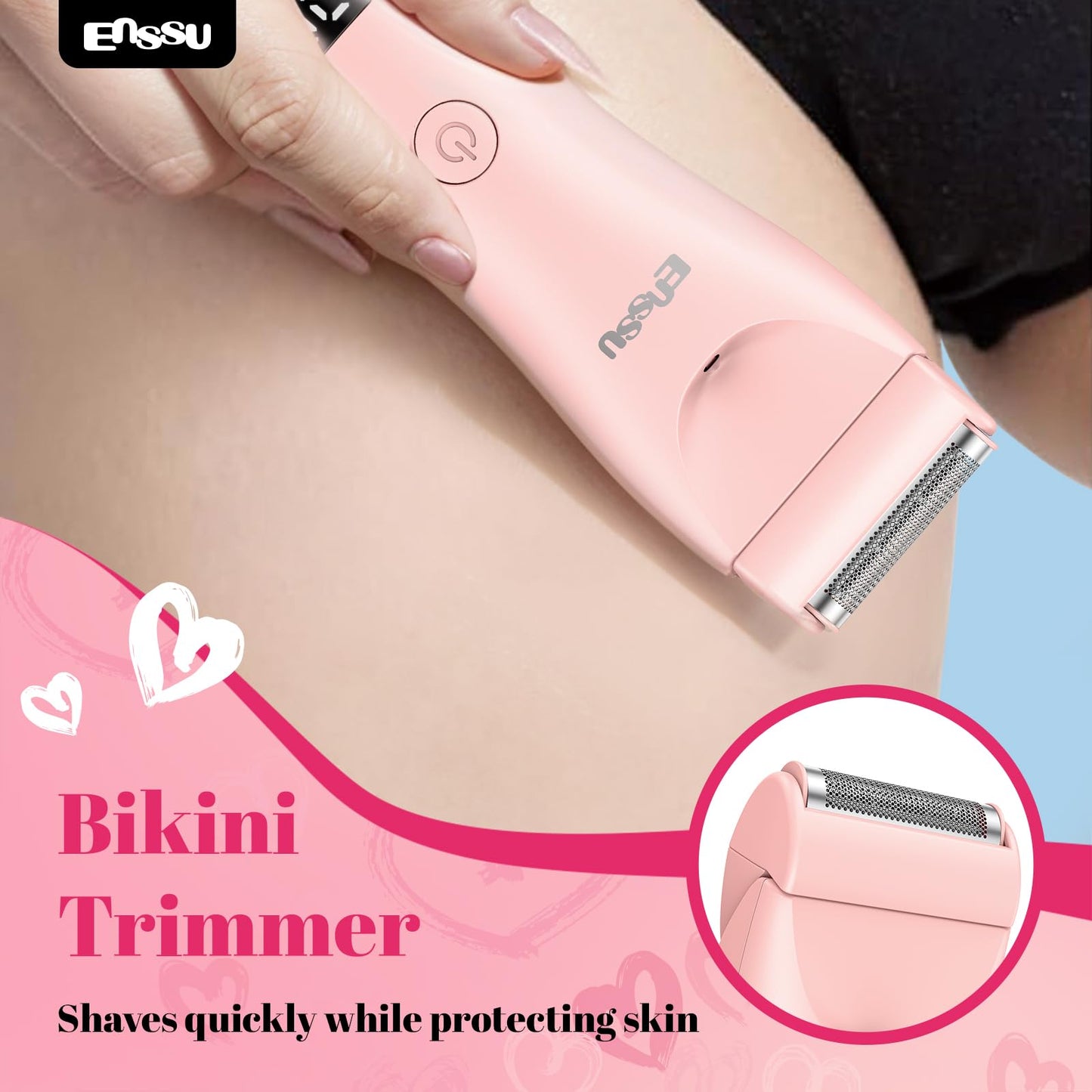 ENSSU Bikini Trimmer for Women - 2 in 1 Pubic Hair Trimmer IPX7 Waterproof, Razors for Women with LED Light & USB Charge, Painless Electric Shaver with Ceramic Blade for Bikini Legs Arm Underarm