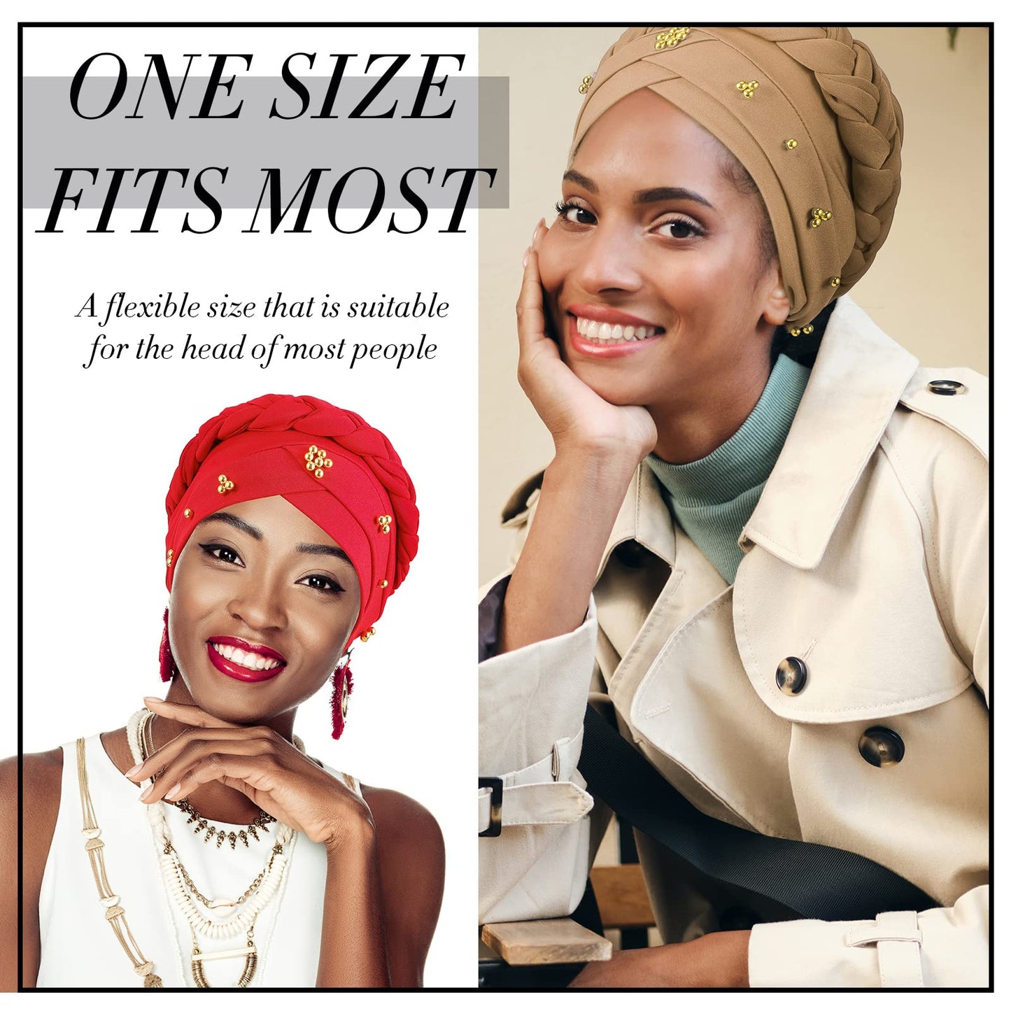 SATINIOR 9 Pcs Women Turban Braid Headscarf Braid Turban Wrap Pre Tied Twisted Hair Covered Beanie Beaded Headwear Cap(Fresh)